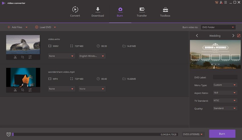 burn dvd with wondershare video converter