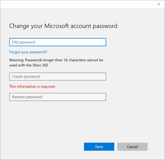 Microsoft account change password