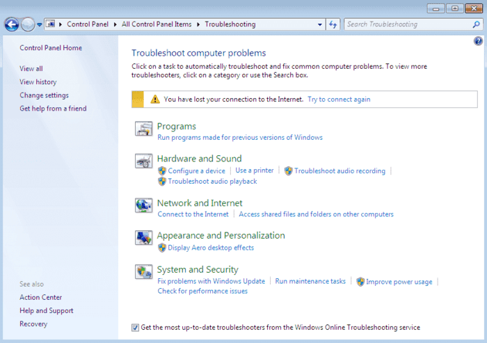 Windows 7 Troubleshooting control panel