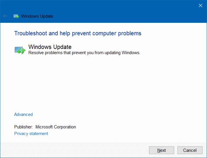 Windows Update Troubleshooter Advanced