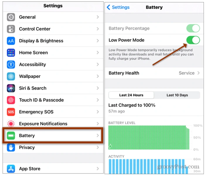 iPhone Low Power Mode settings