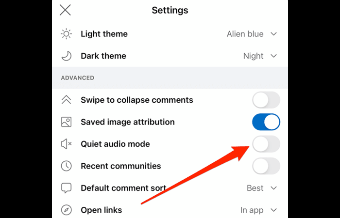 Reddit app settings quiet audio mode